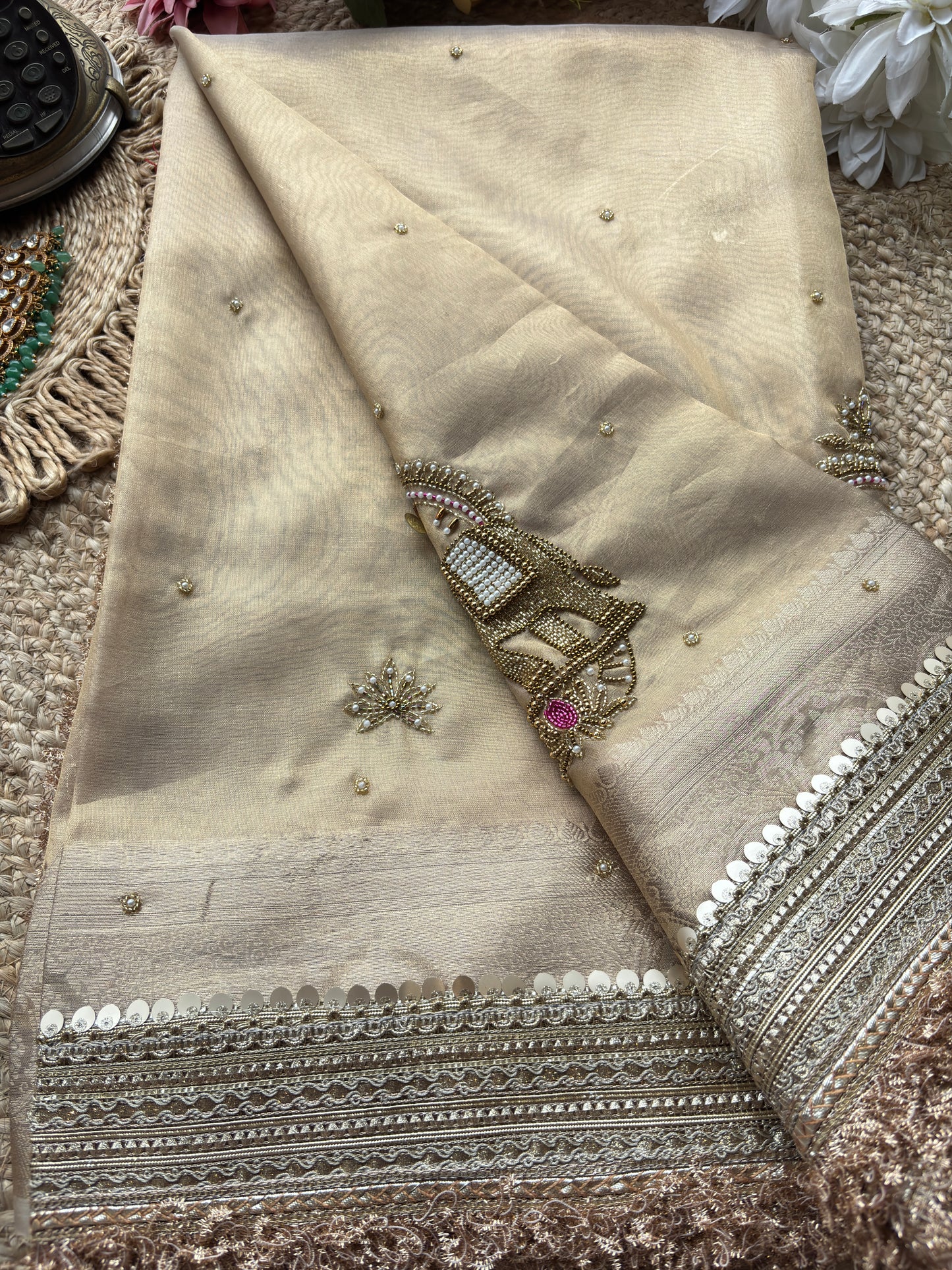 Golden Gajanand Maharani Saree With Embroidery and Golden Border