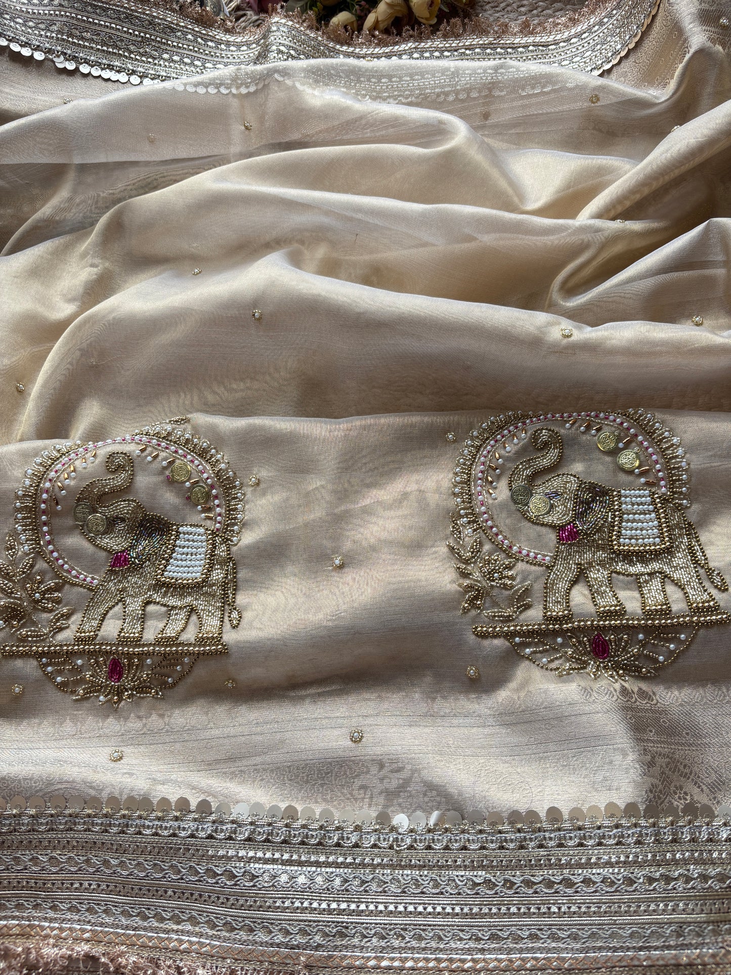 Golden Gajanand Maharani Saree With Embroidery and Golden Border