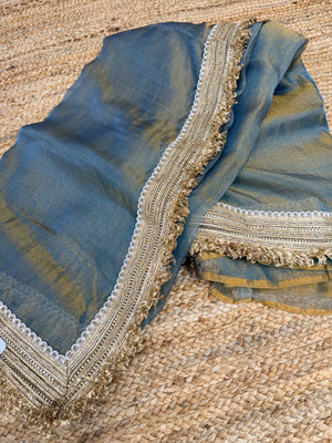 Elegant Grey Banarasi Saree with Golden Border | Wedding & Festive Wear