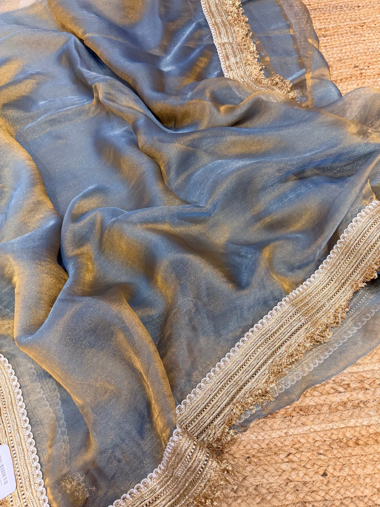 Elegant Grey Banarasi Saree with Golden Border | Wedding & Festive Wear