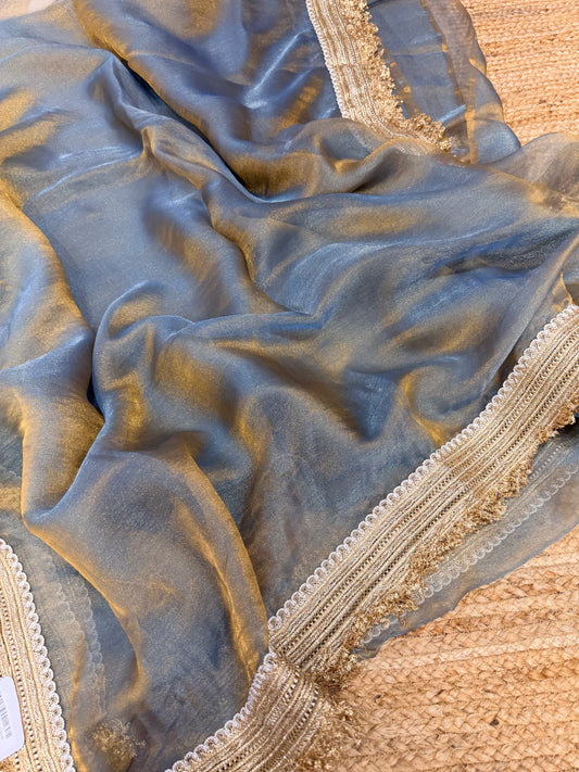 Elegant Grey Banarasi Saree with Golden Border | Wedding & Festive Wear