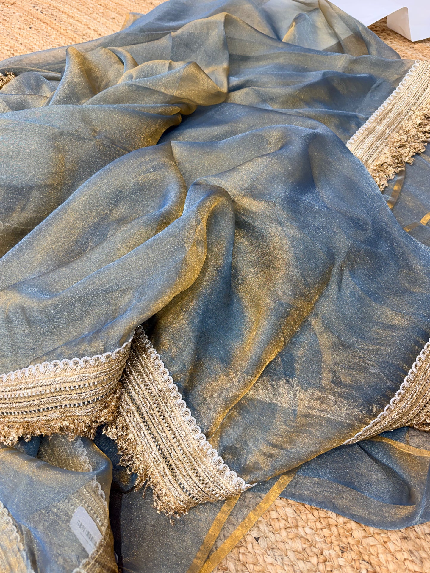 Elegant Grey Banarasi Saree with Golden Border | Wedding & Festive Wear