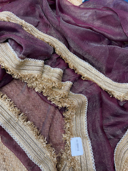 Elegant Wine Colour Banarasi Saree with Golden Zari Border | Wedding & Festive Wear