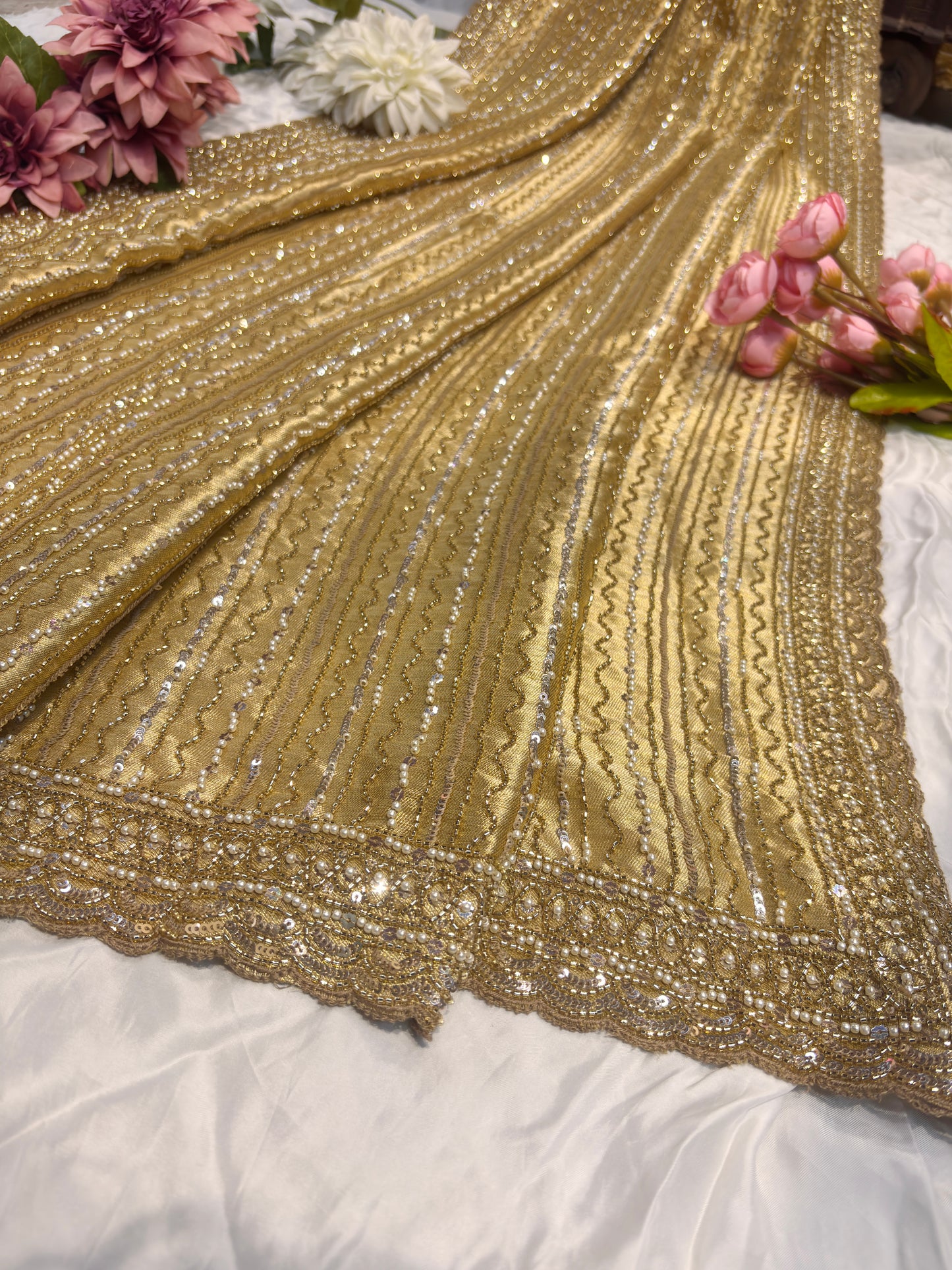 Luxury Golden Designer Saree with Heavy Sequin & Pearl Embroidery