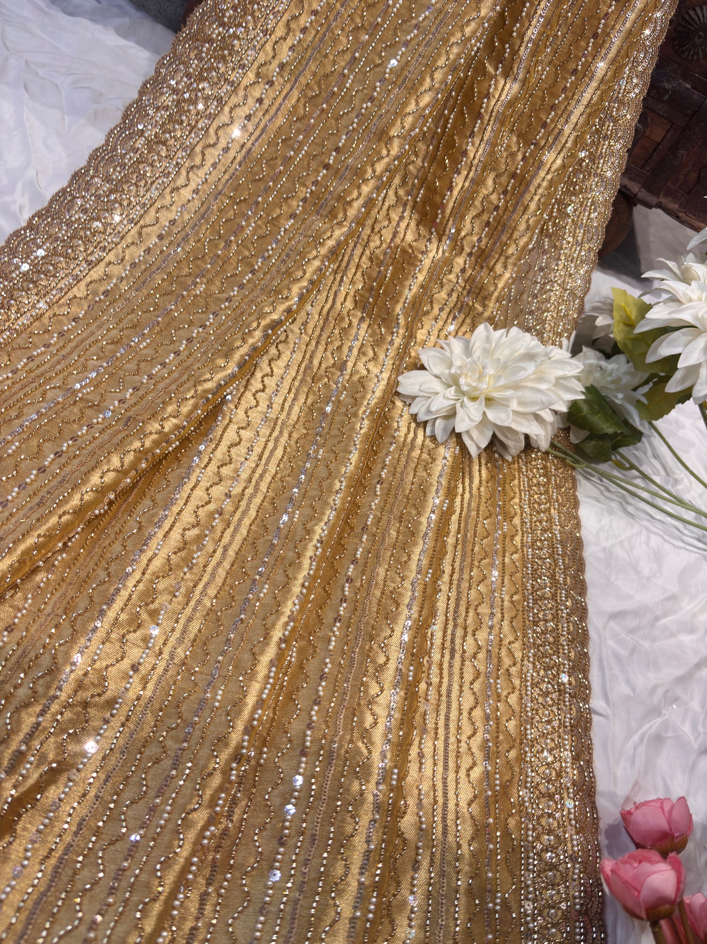 Luxury Golden Designer Saree with Heavy Sequin & Pearl Embroidery