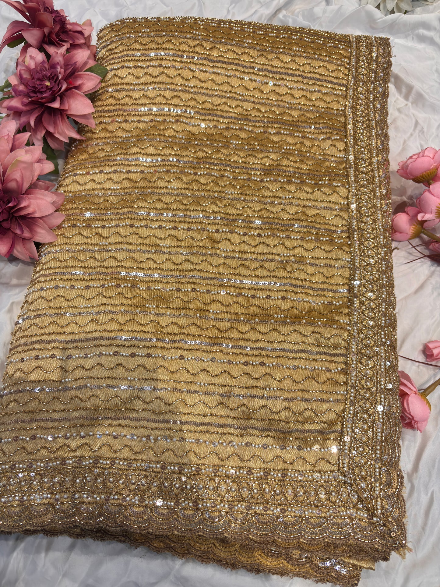 Luxury Golden Designer Saree with Heavy Sequin & Pearl Embroidery
