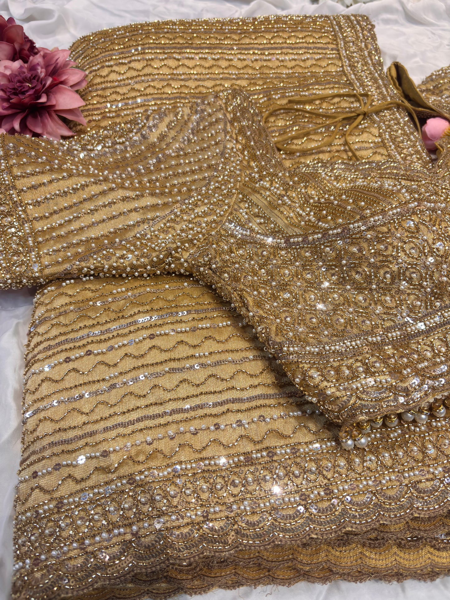 Luxury Golden Designer Saree with Heavy Sequin & Pearl Embroidery