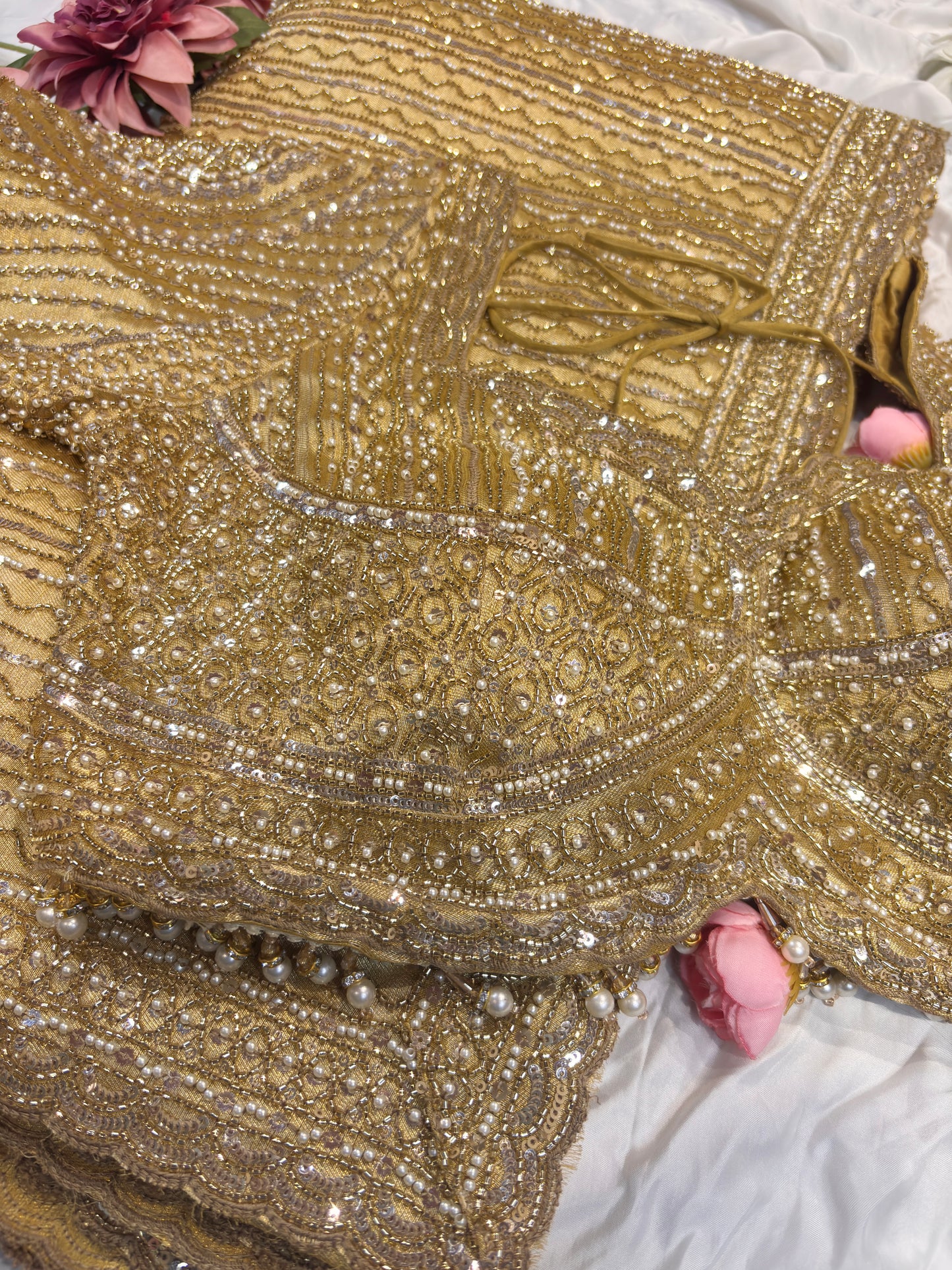 Luxury Golden Designer Saree with Heavy Sequin & Pearl Embroidery