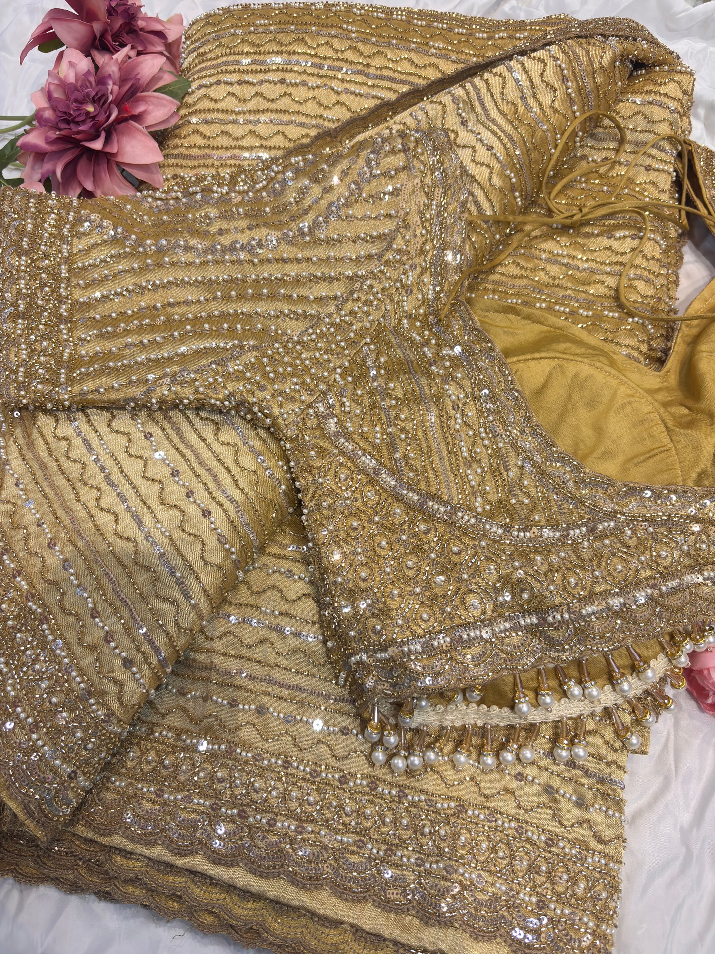 Luxury Golden Designer Saree with Heavy Sequin & Pearl Embroidery