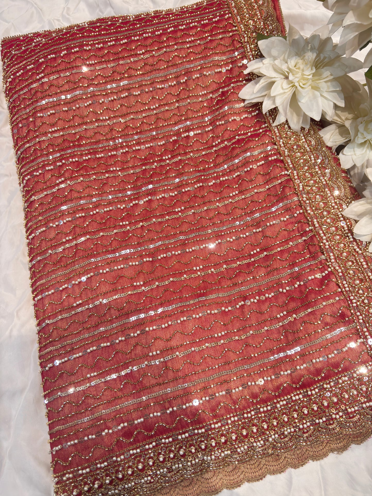 Elegant Rust Designer Saree with Heavy Sequin & Pearl Embroidery