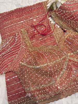 Elegant Rust Designer Saree with Heavy Sequin & Pearl Embroidery