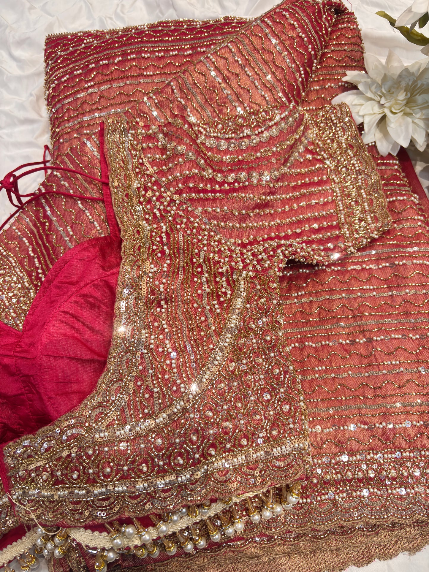 Elegant Rust Designer Saree with Heavy Sequin & Pearl Embroidery
