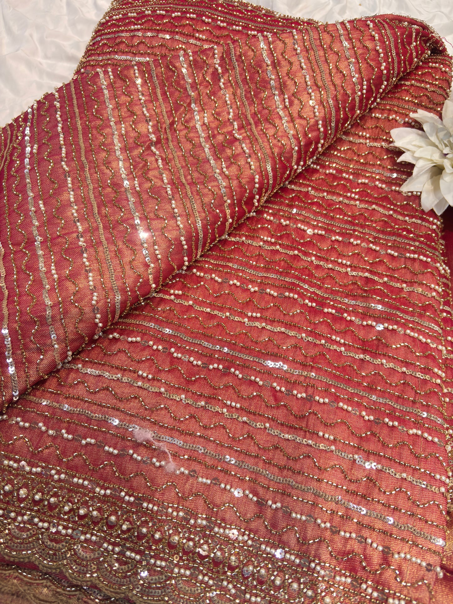 Elegant Rust Designer Saree with Heavy Sequin & Pearl Embroidery