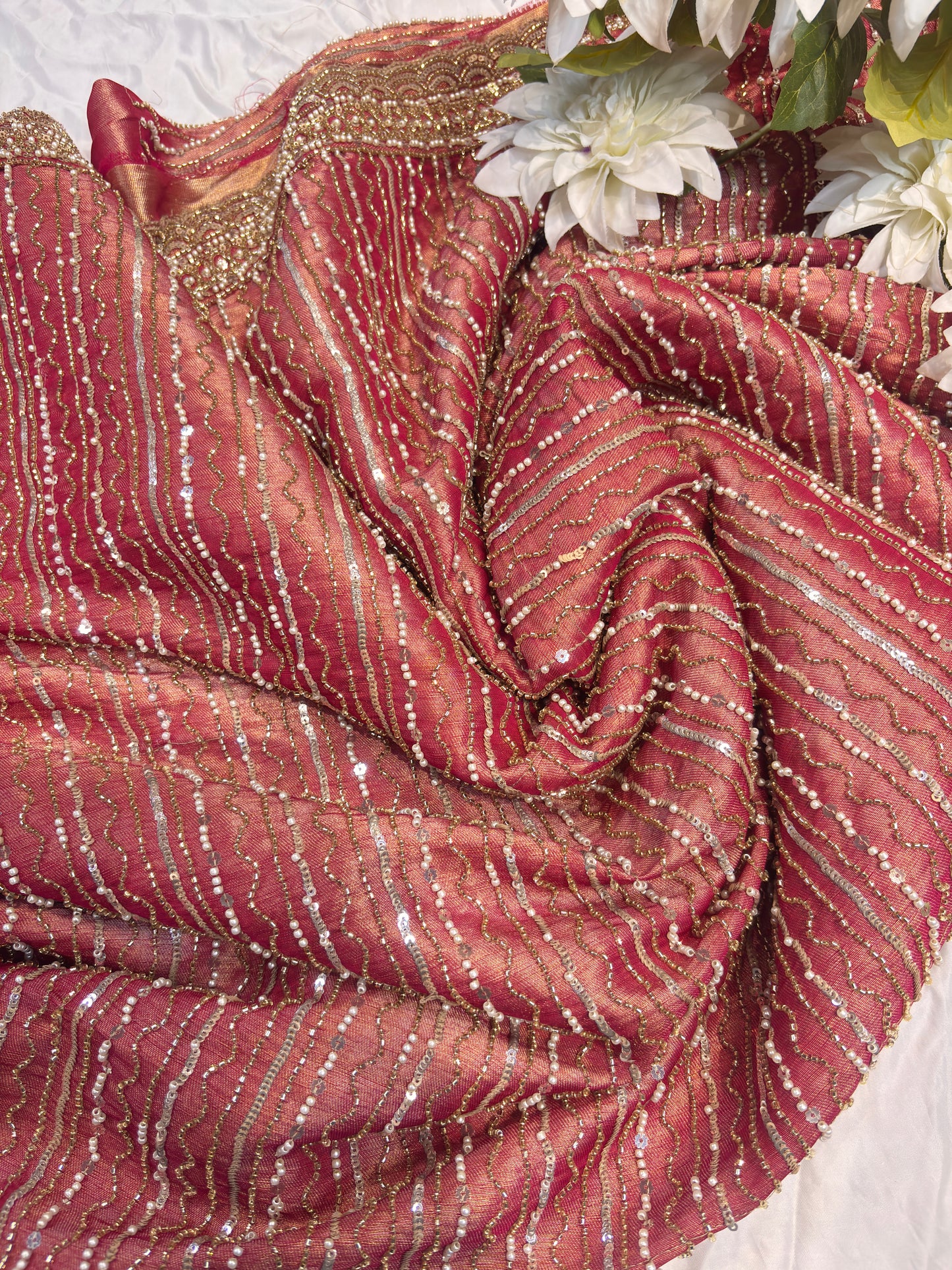 Elegant Rust Designer Saree with Heavy Sequin & Pearl Embroidery