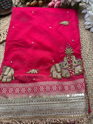 Royal Rani Saree with Zari Elephant Embroidered Border
