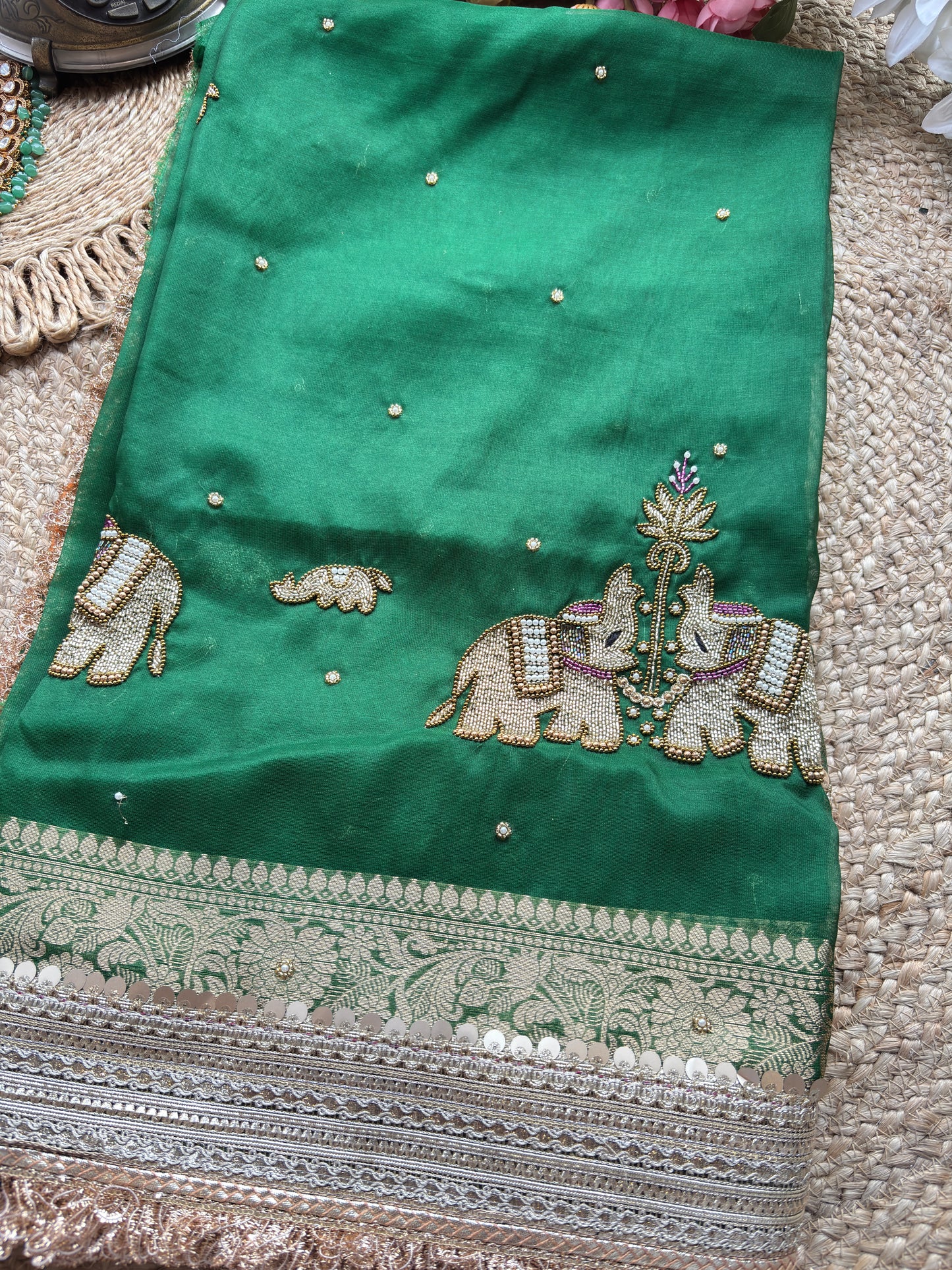 Green Gajraj Maharani Sarees With Heavy Golden Border