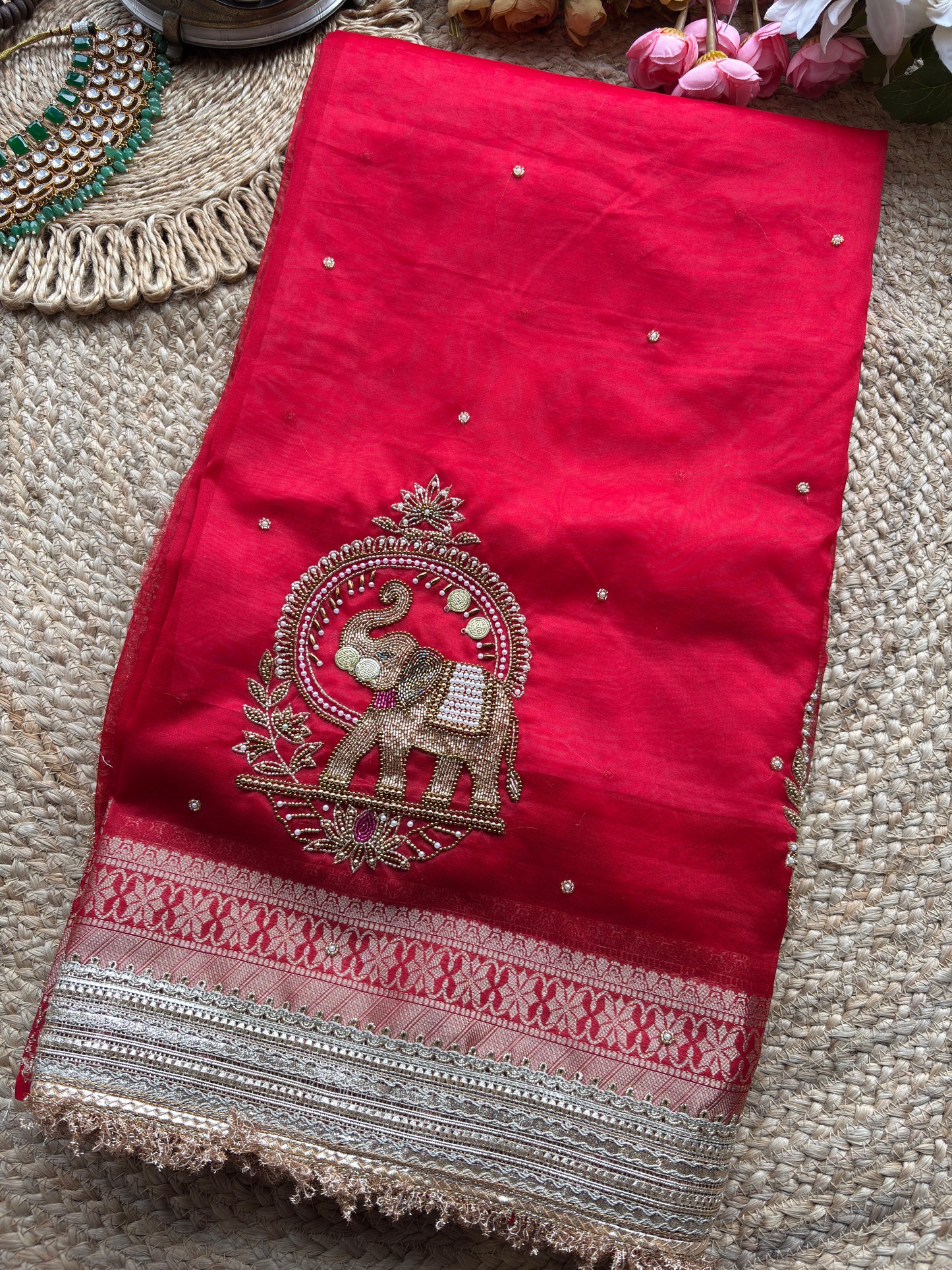 Rani Gajanand Maharani Saree With Embroidery and Golden Border