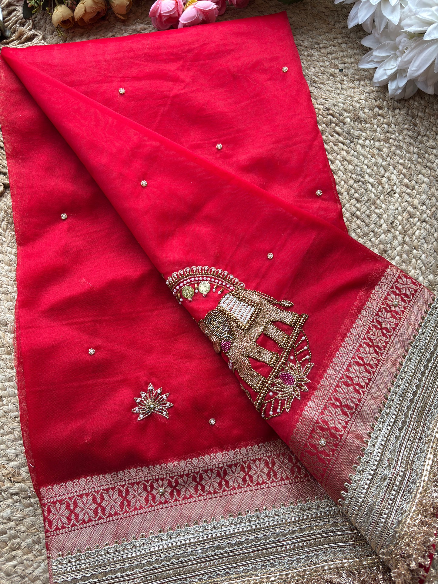 Rani Gajanand Maharani Saree With Embroidery and Golden Border