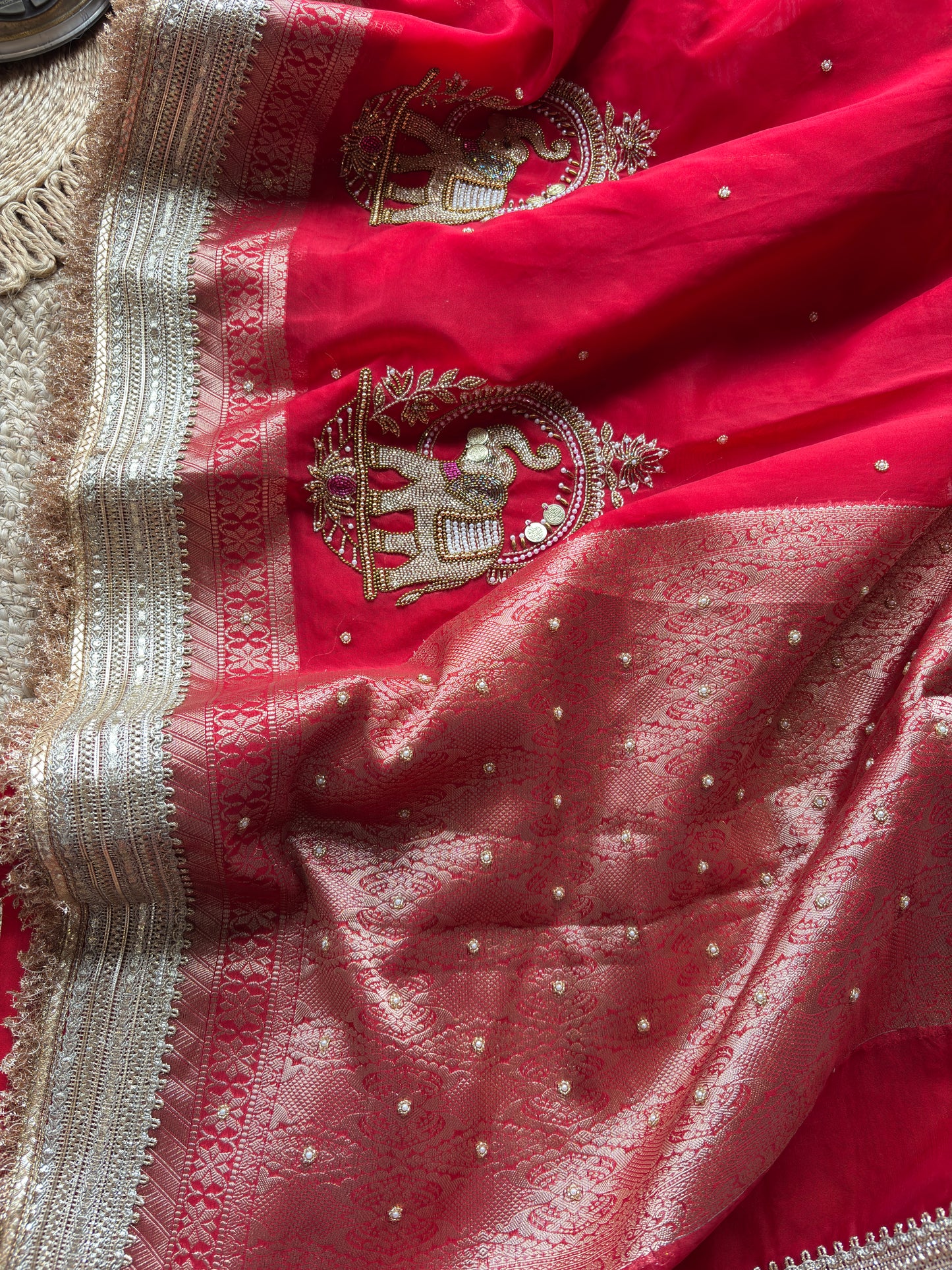 Rani Gajanand Maharani Saree With Embroidery and Golden Border