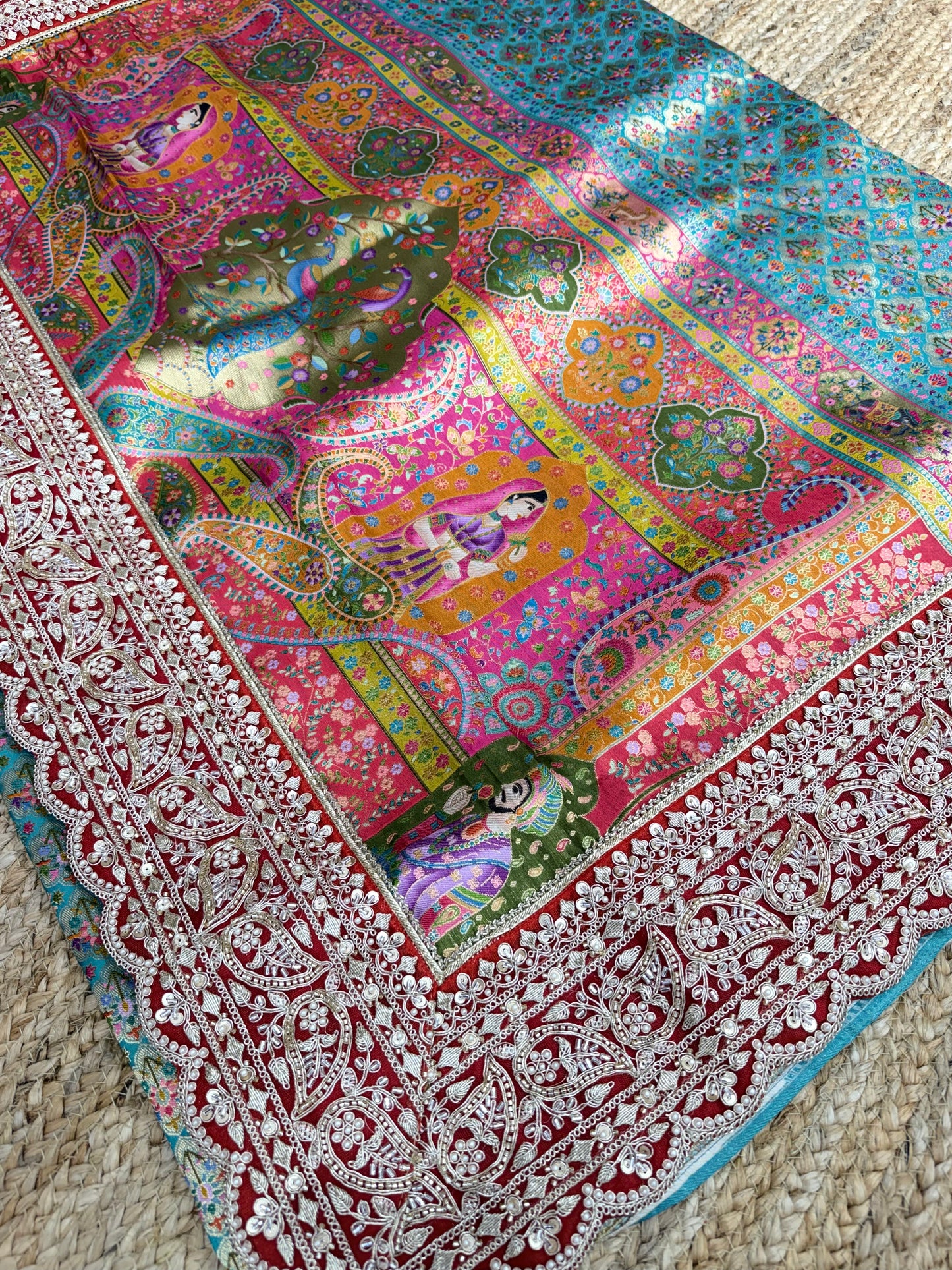 Elegant Turquoise Floral Banarasi Saree with Embroidered Border