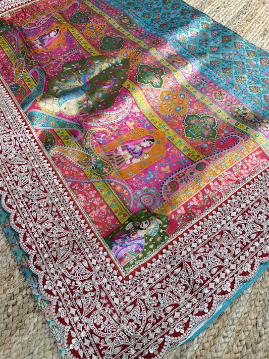 Elegant Turquoise Floral Banarasi Saree with Embroidered Border