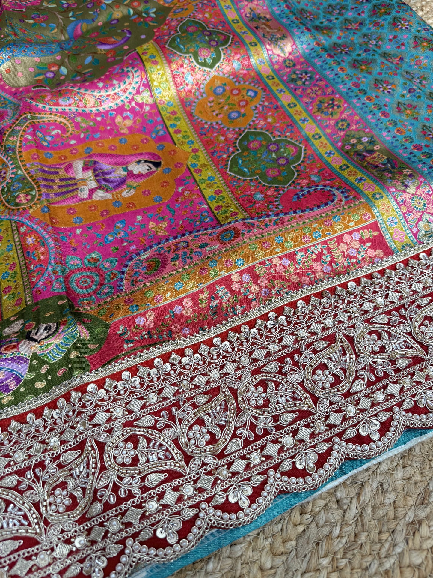 Elegant Turquoise Floral Banarasi Saree with Embroidered Border