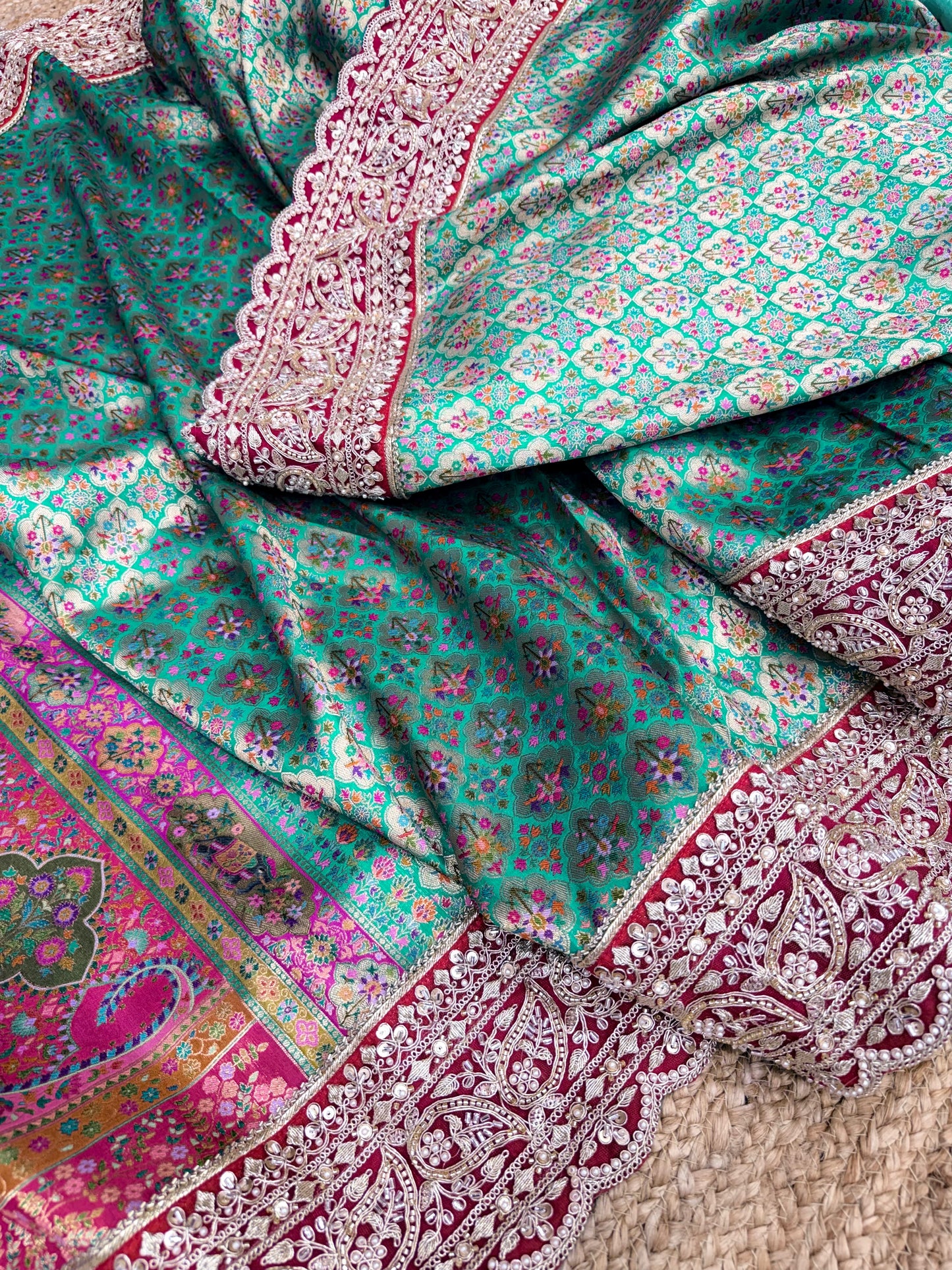 Elegant Turquoise Floral Banarasi Saree with Embroidered Border