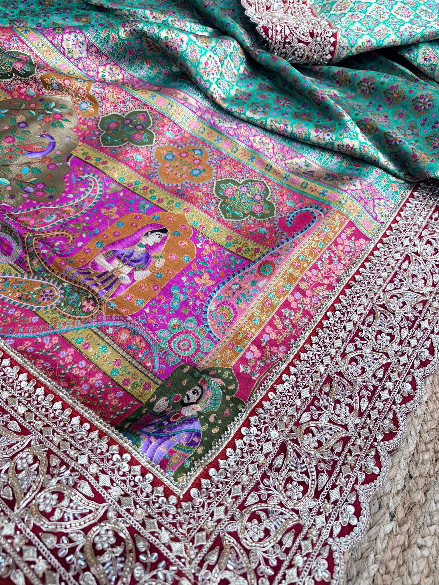 Elegant Turquoise Floral Banarasi Saree with Embroidered Border