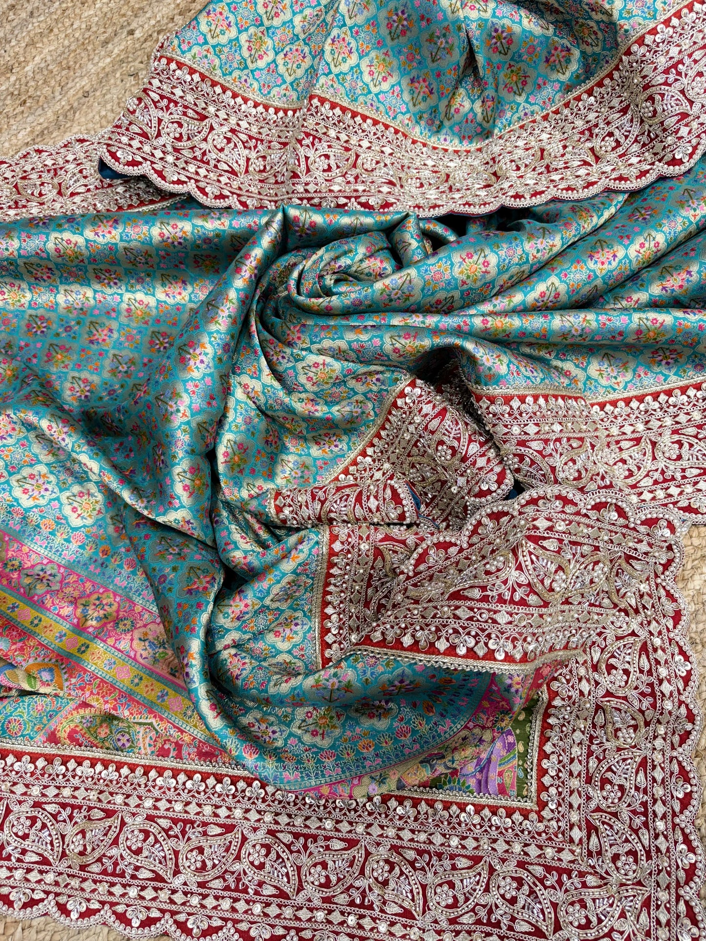 Elegant Turquoise Floral Banarasi Saree with Embroidered Border