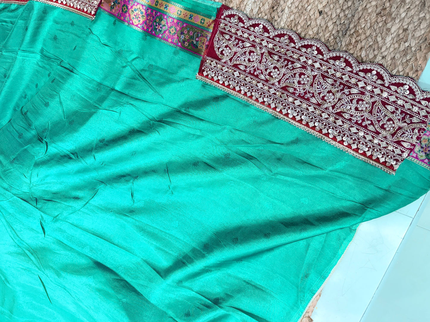Elegant Turquoise Floral Banarasi Saree with Embroidered Border