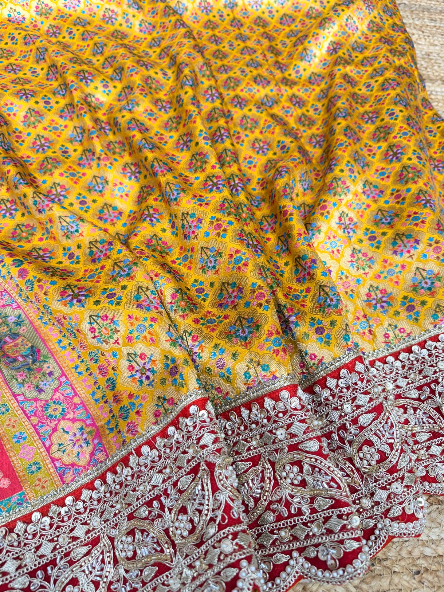 Royal Yellow Floral Banarasi Saree with Heavy Border