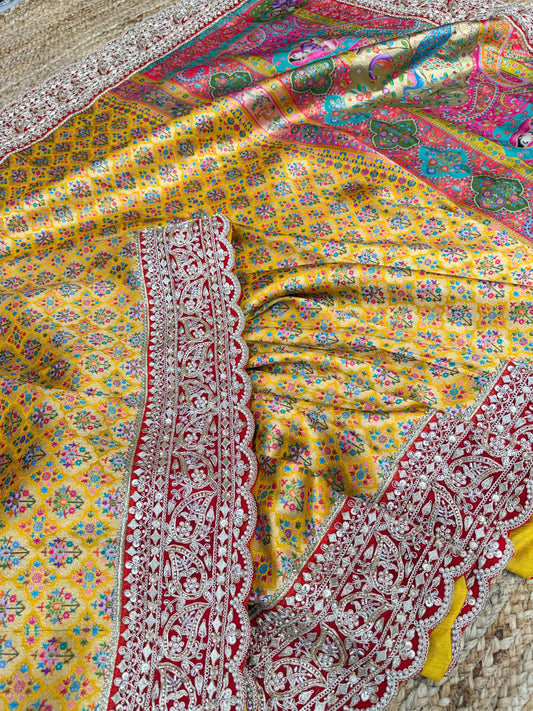 Royal Yellow Floral Banarasi Saree with Heavy Border