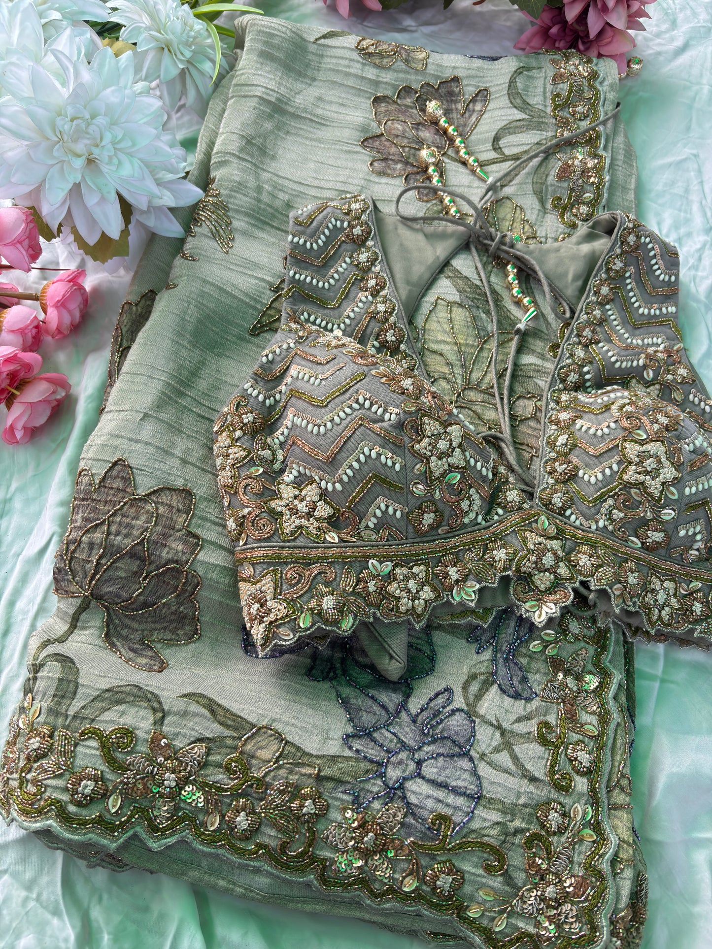 Elegant Sea Green Designer Saree with Floral Embroidery & Handwork Blouse