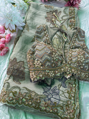 Elegant Sea Green Designer Saree with Floral Embroidery & Handwork Blouse