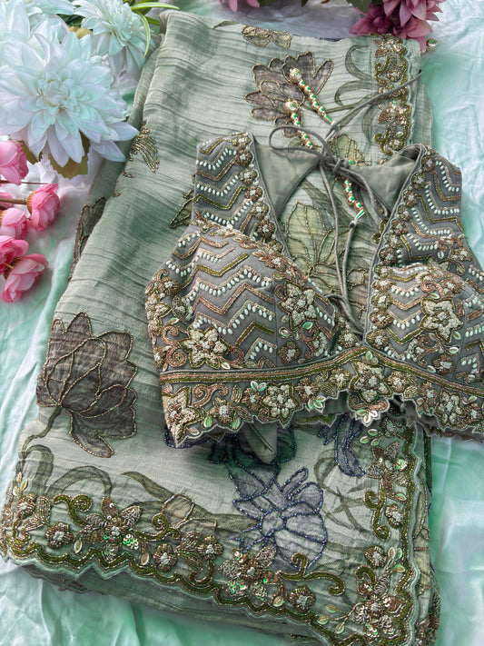 Elegant Sea Green Designer Saree with Floral Embroidery & Handwork Blouse