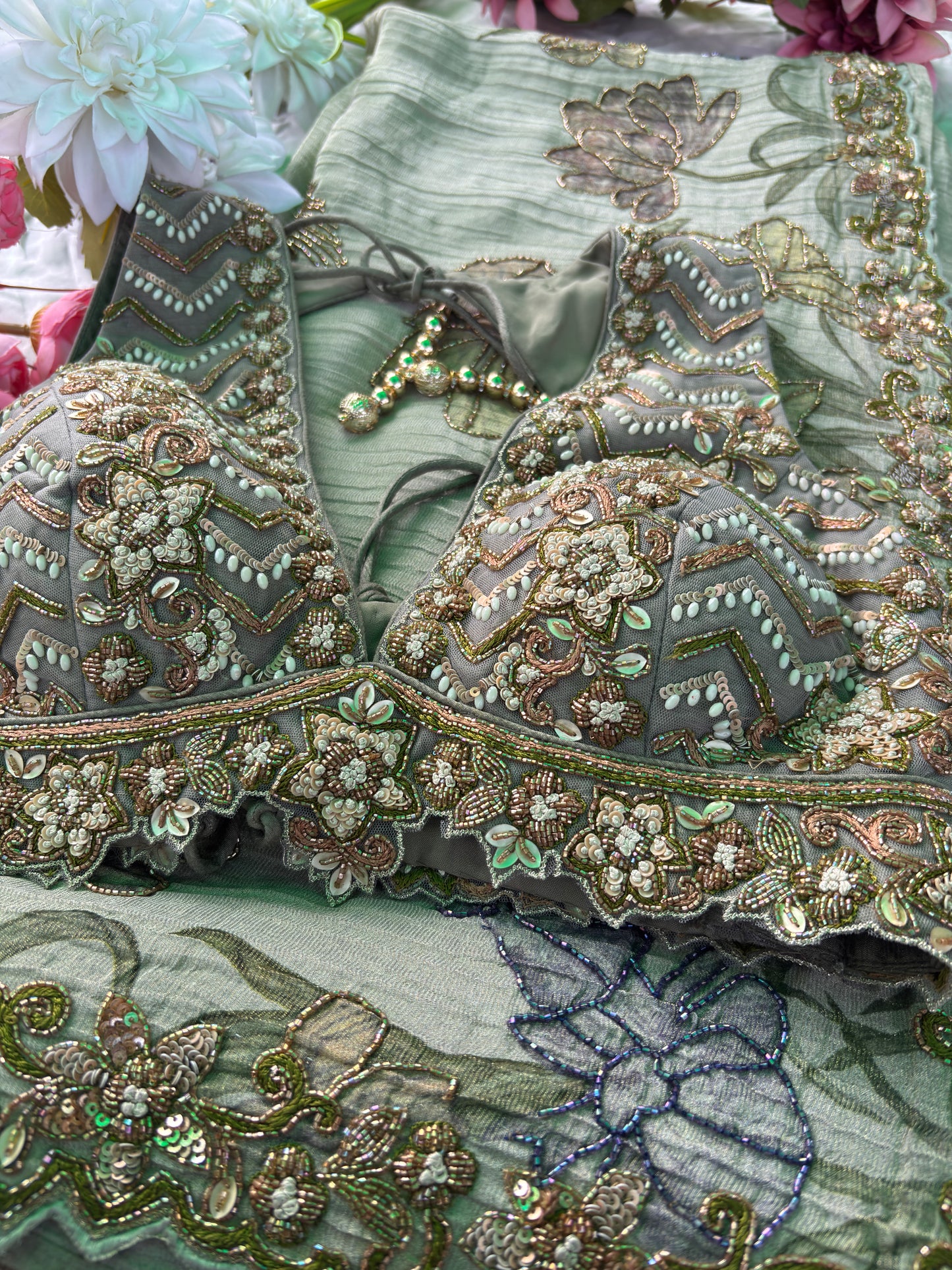 Elegant Sea Green Designer Saree with Floral Embroidery & Handwork Blouse