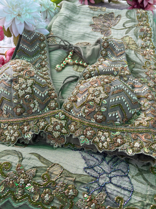 Elegant Sea Green Designer Saree with Floral Embroidery & Handwork Blouse