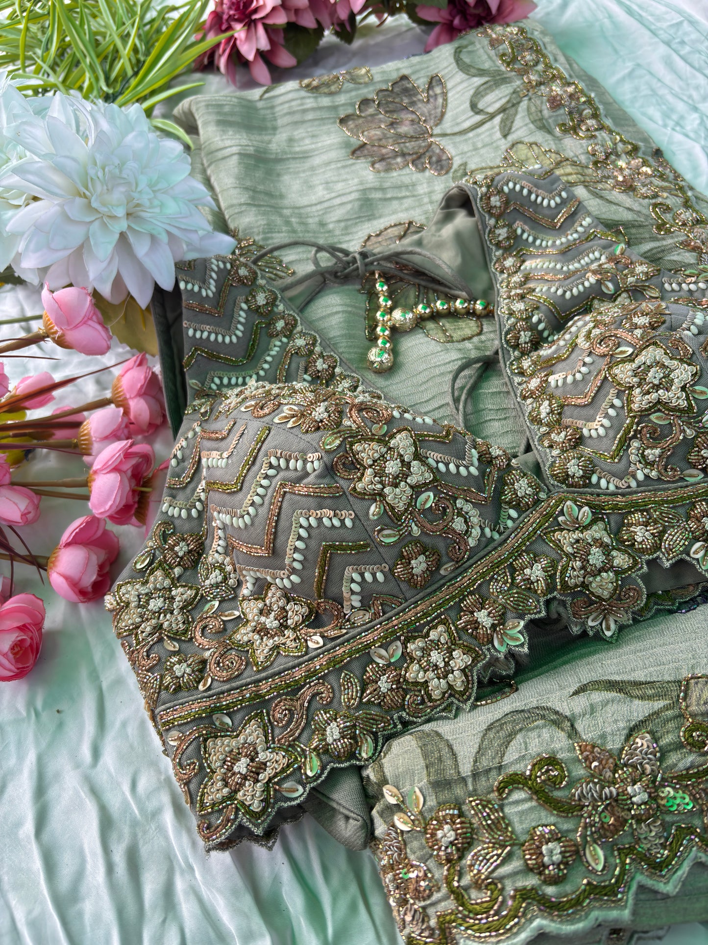 Elegant Sea Green Designer Saree with Floral Embroidery & Handwork Blouse