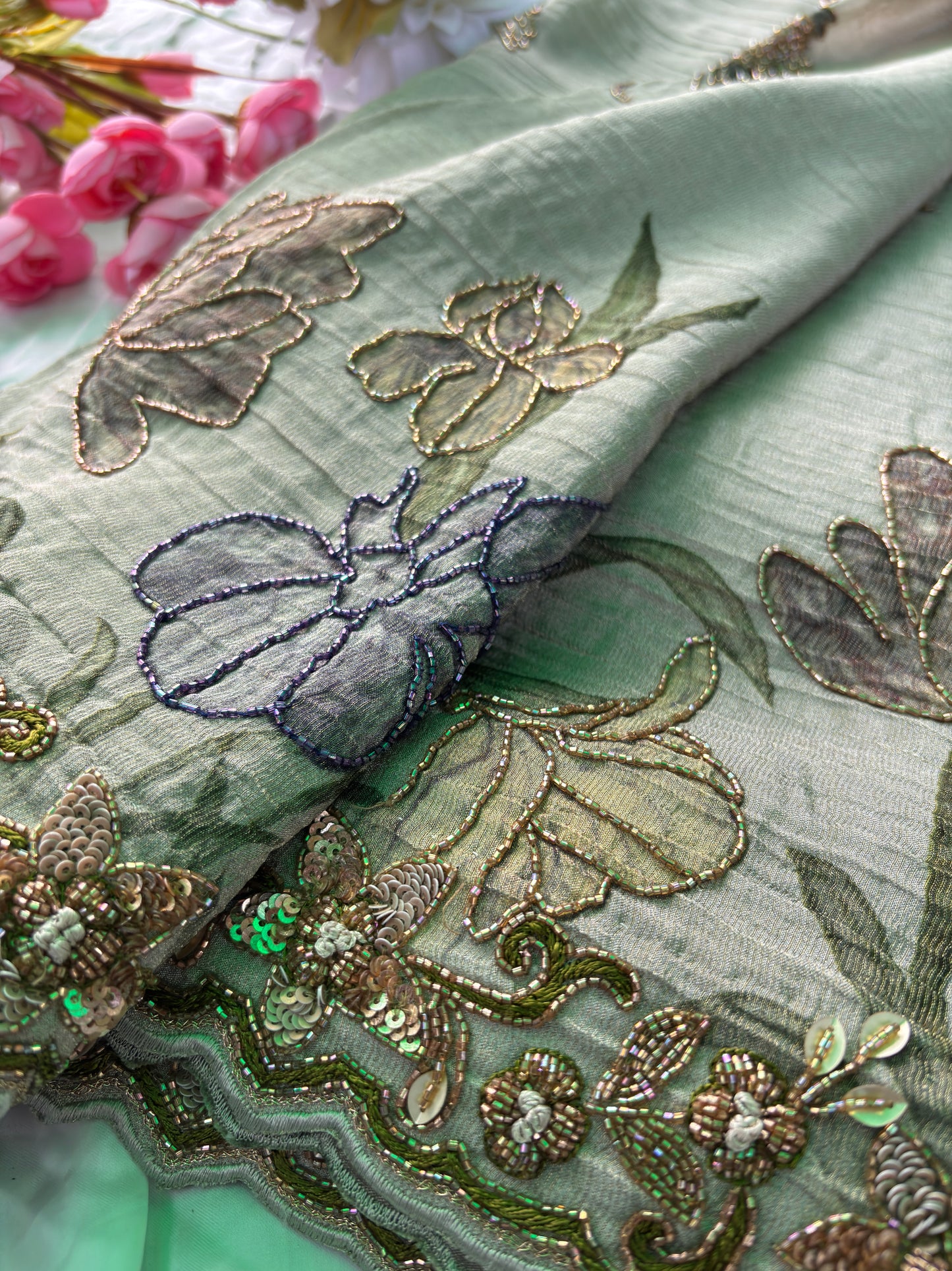 Elegant Sea Green Designer Saree with Floral Embroidery & Handwork Blouse