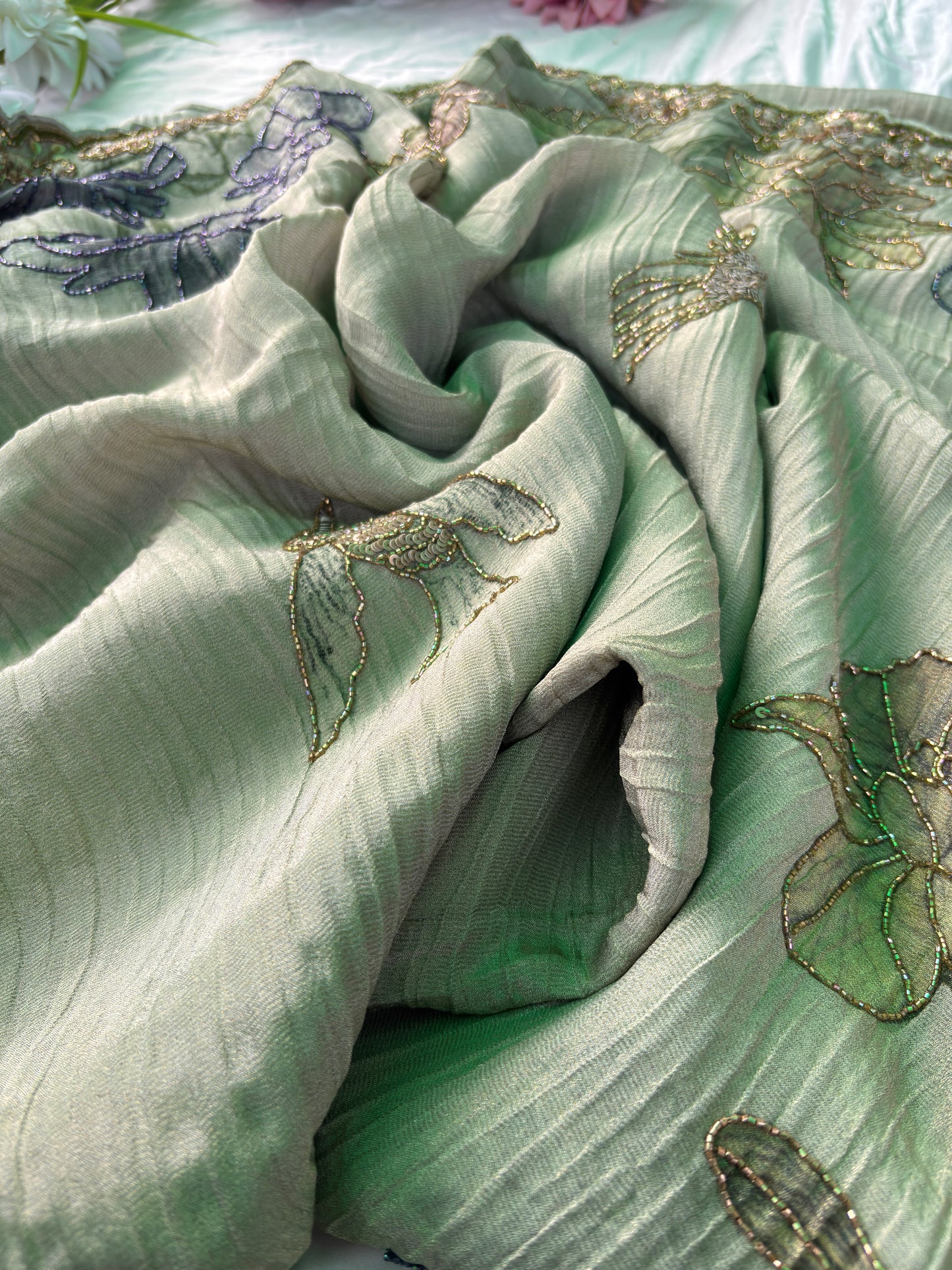 Elegant Sea Green Designer Saree with Floral Embroidery & Handwork Blouse