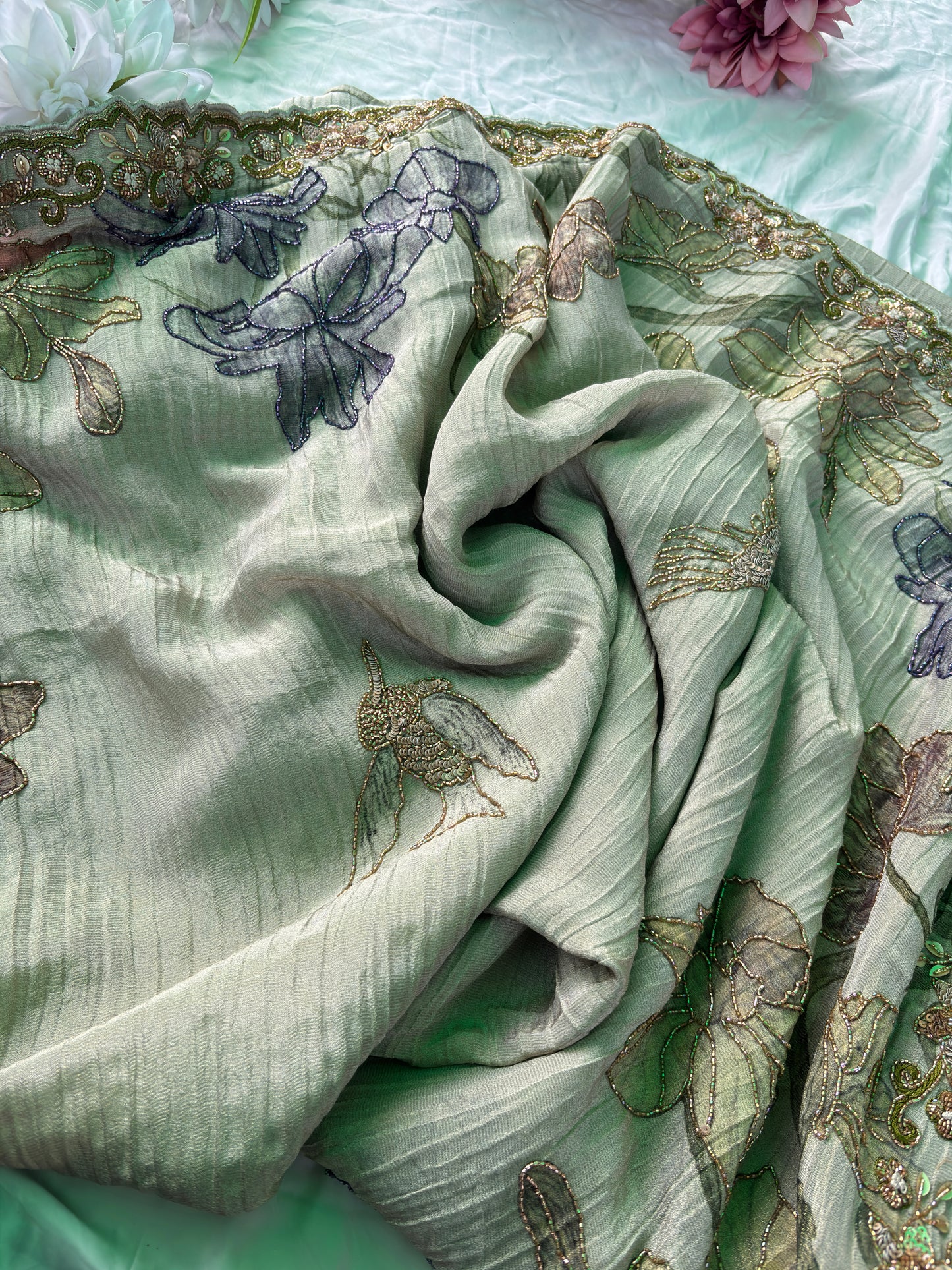 Elegant Sea Green Designer Saree with Floral Embroidery & Handwork Blouse