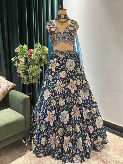 Crepe Multi Sequins Handwork Blouse Blue Lehenga