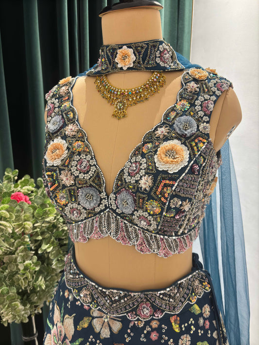Crepe Multi Sequins Handwork Blouse Blue Lehenga