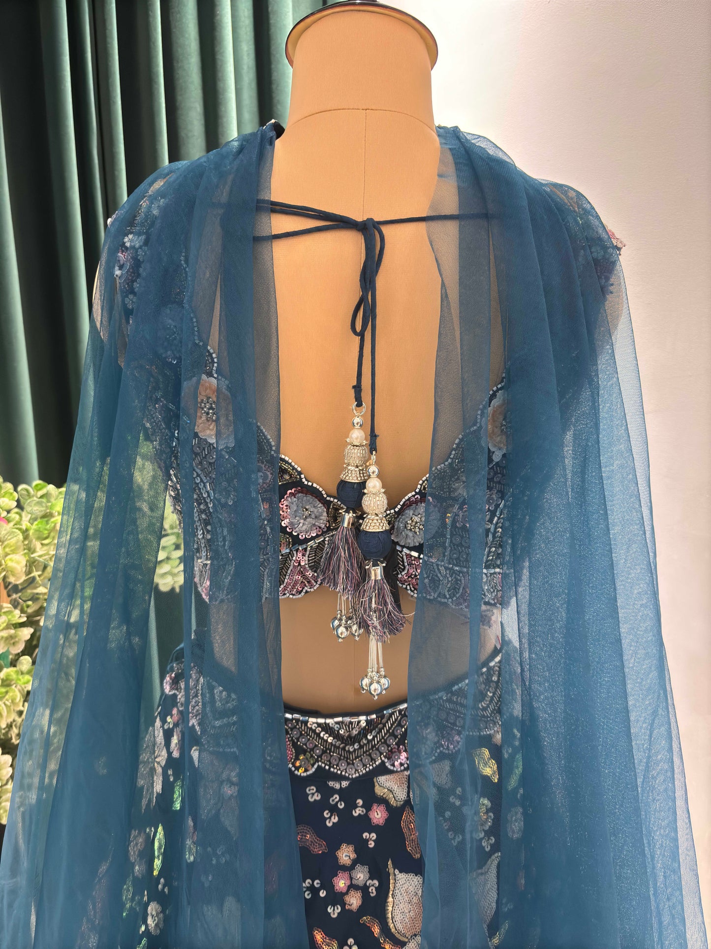 Crepe Multi Sequins Handwork Blouse Blue Lehenga