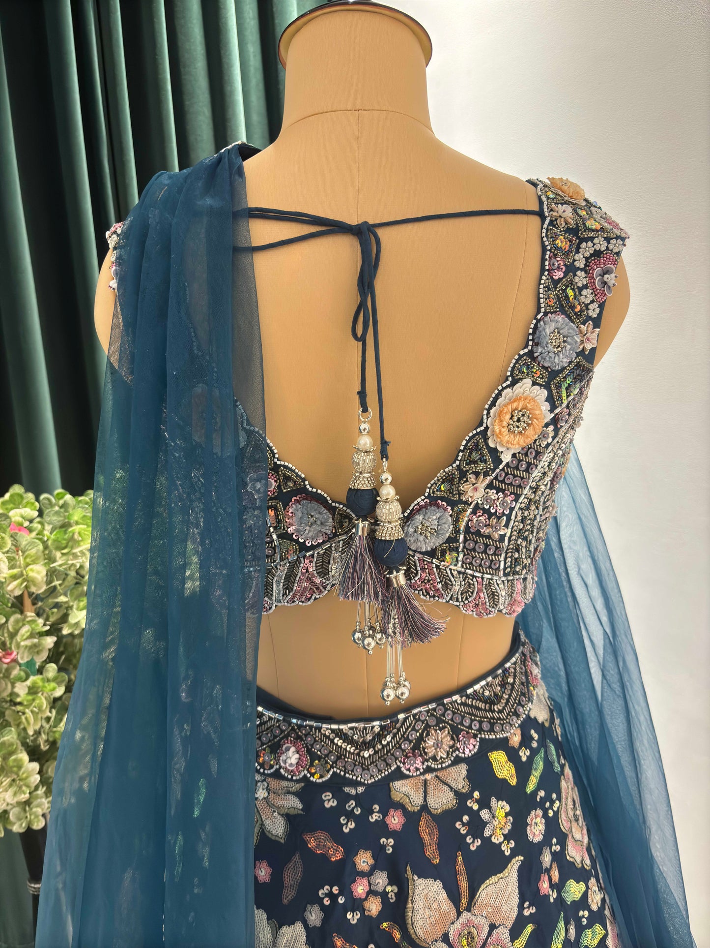 Crepe Multi Sequins Handwork Blouse Blue Lehenga