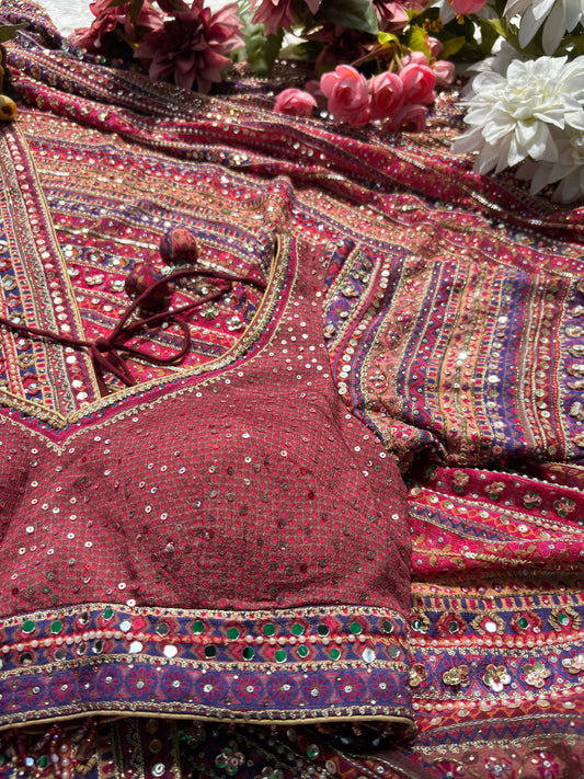 Maroon Designer Saree with Multi-Color Embroidery & Sequin Work