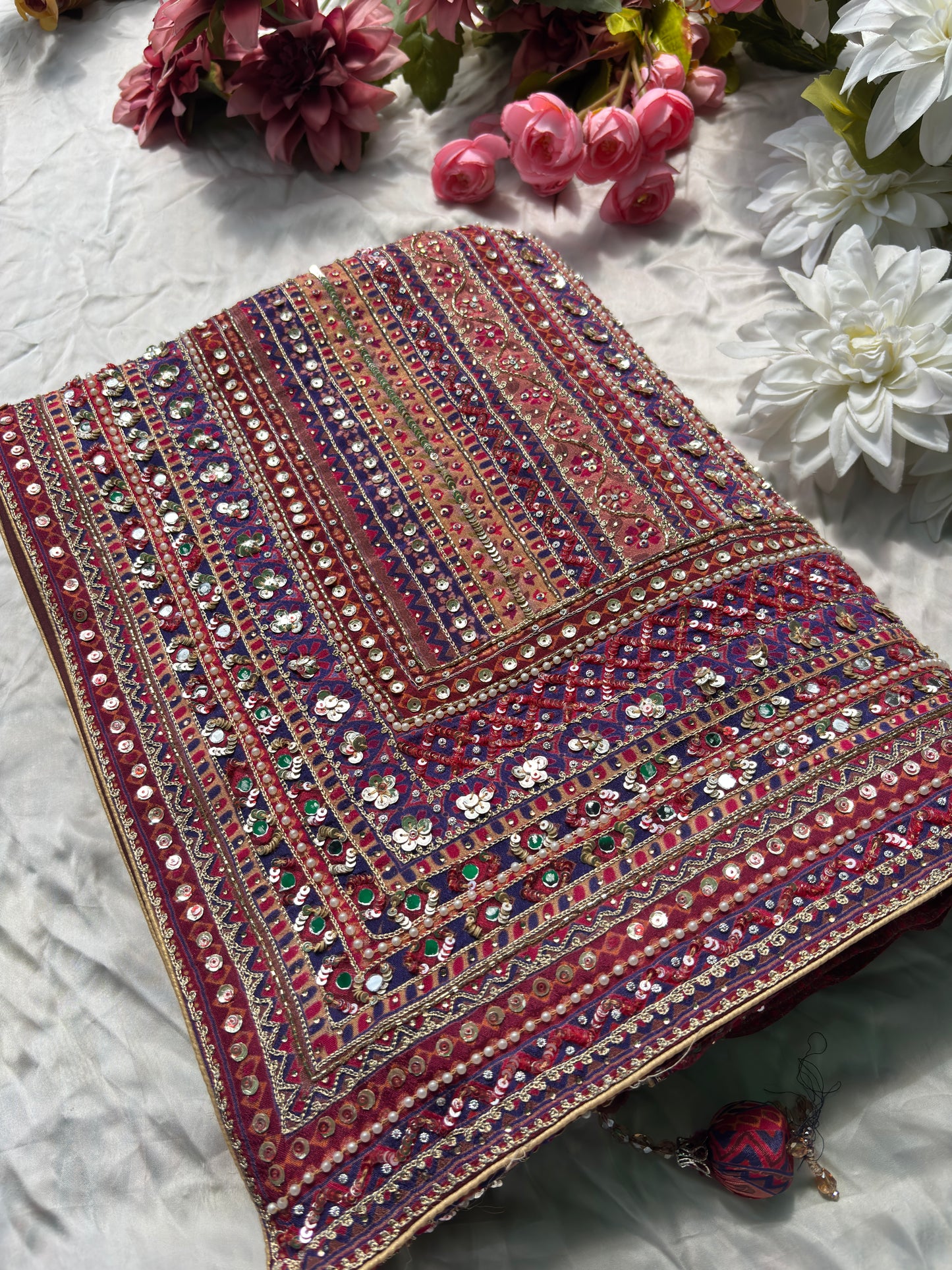 Maroon Designer Saree with Multi-Color Embroidery & Sequin Work