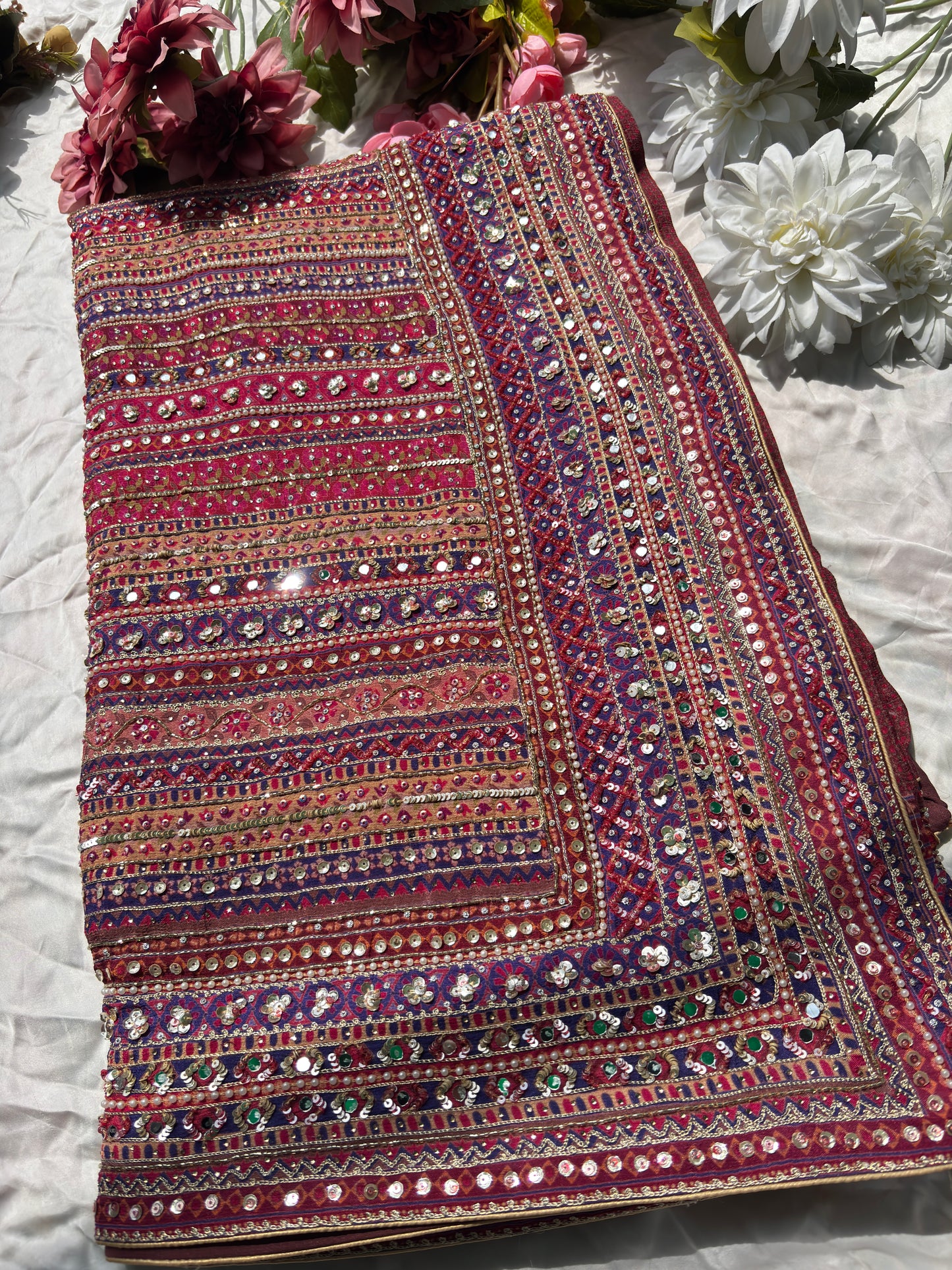 Maroon Designer Saree with Multi-Color Embroidery & Sequin Work