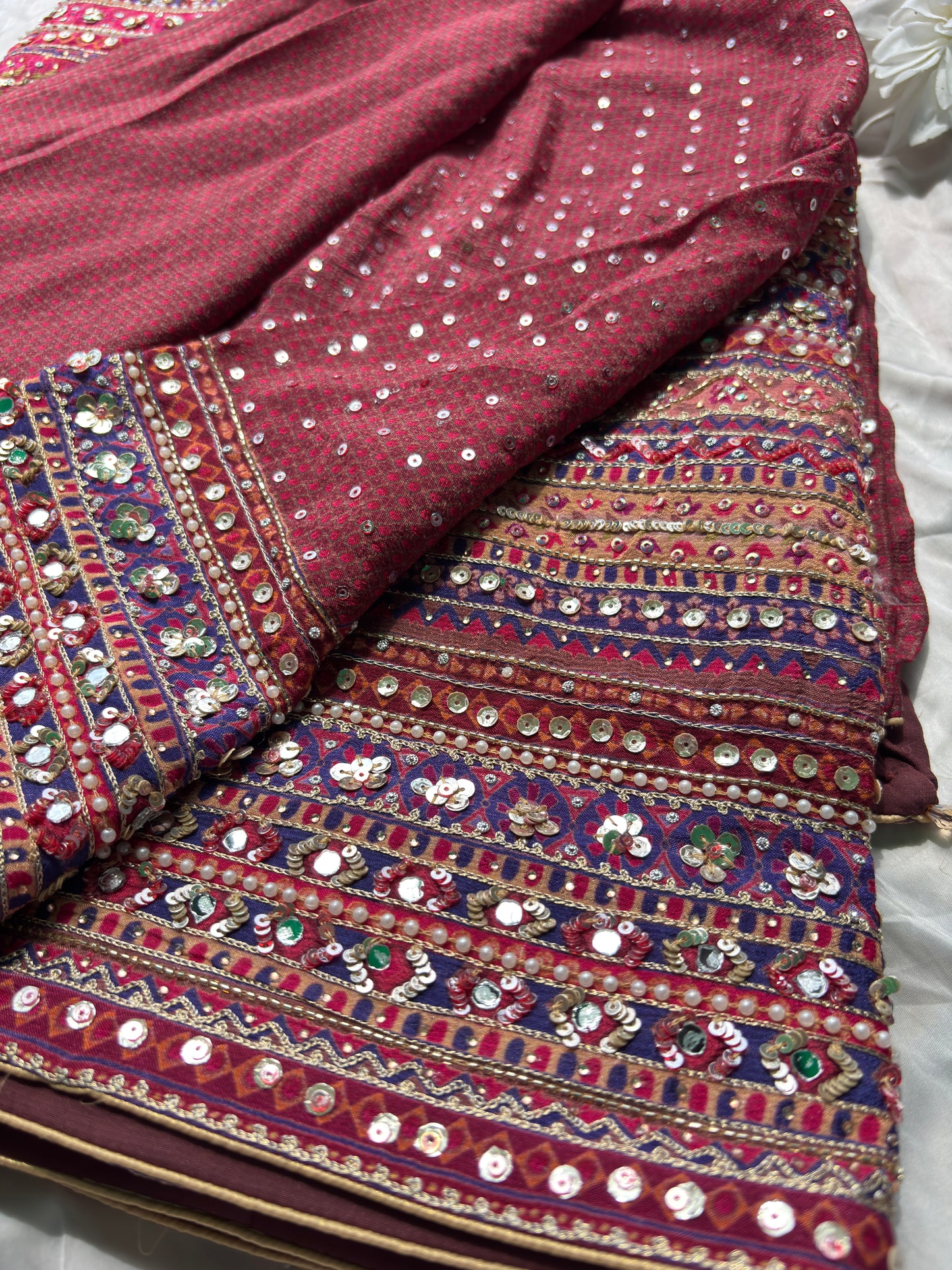 Maroon Designer Saree with Multi-Color Embroidery & Sequin Work