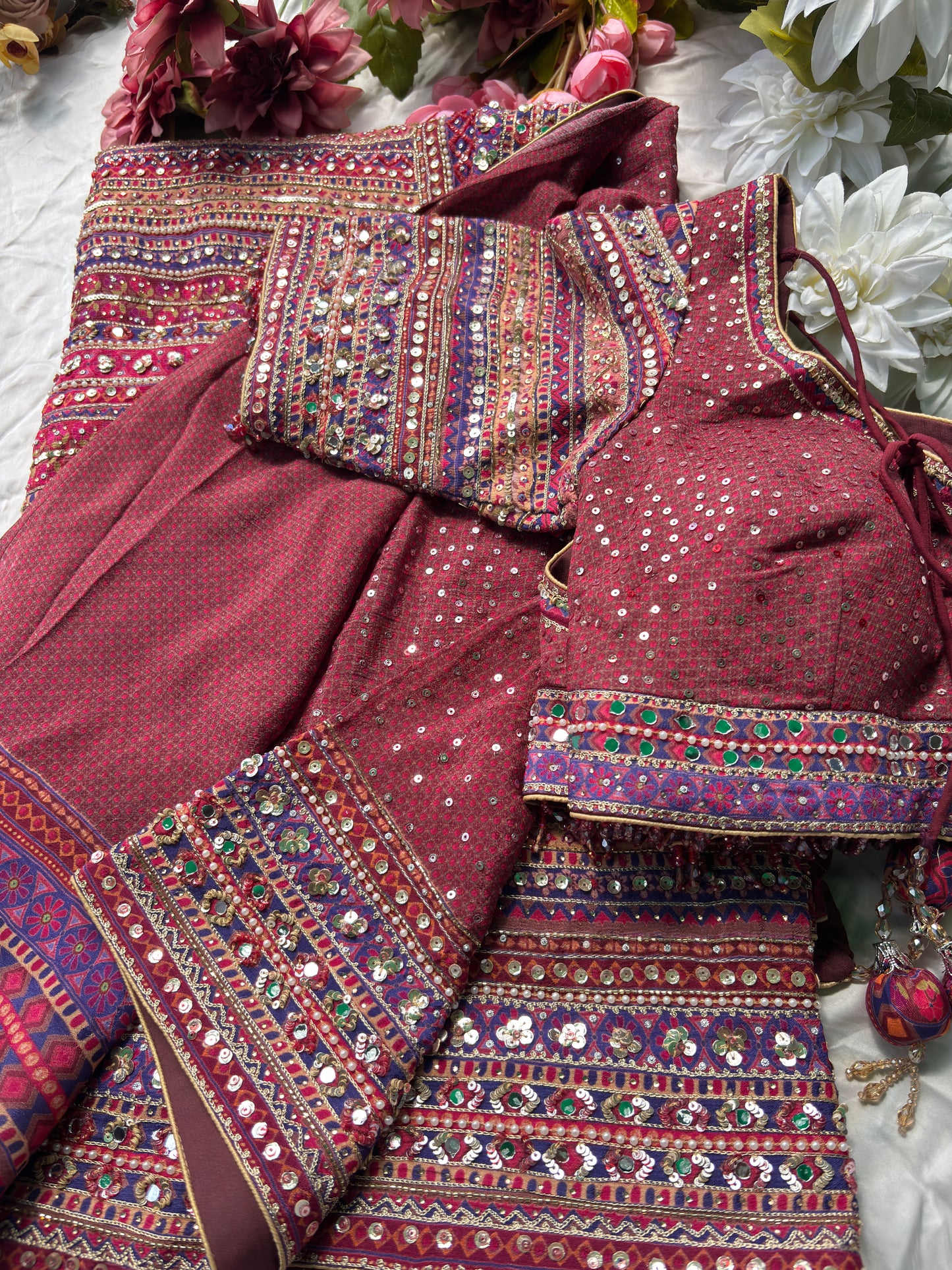 Maroon Designer Saree with Multi-Color Embroidery & Sequin Work